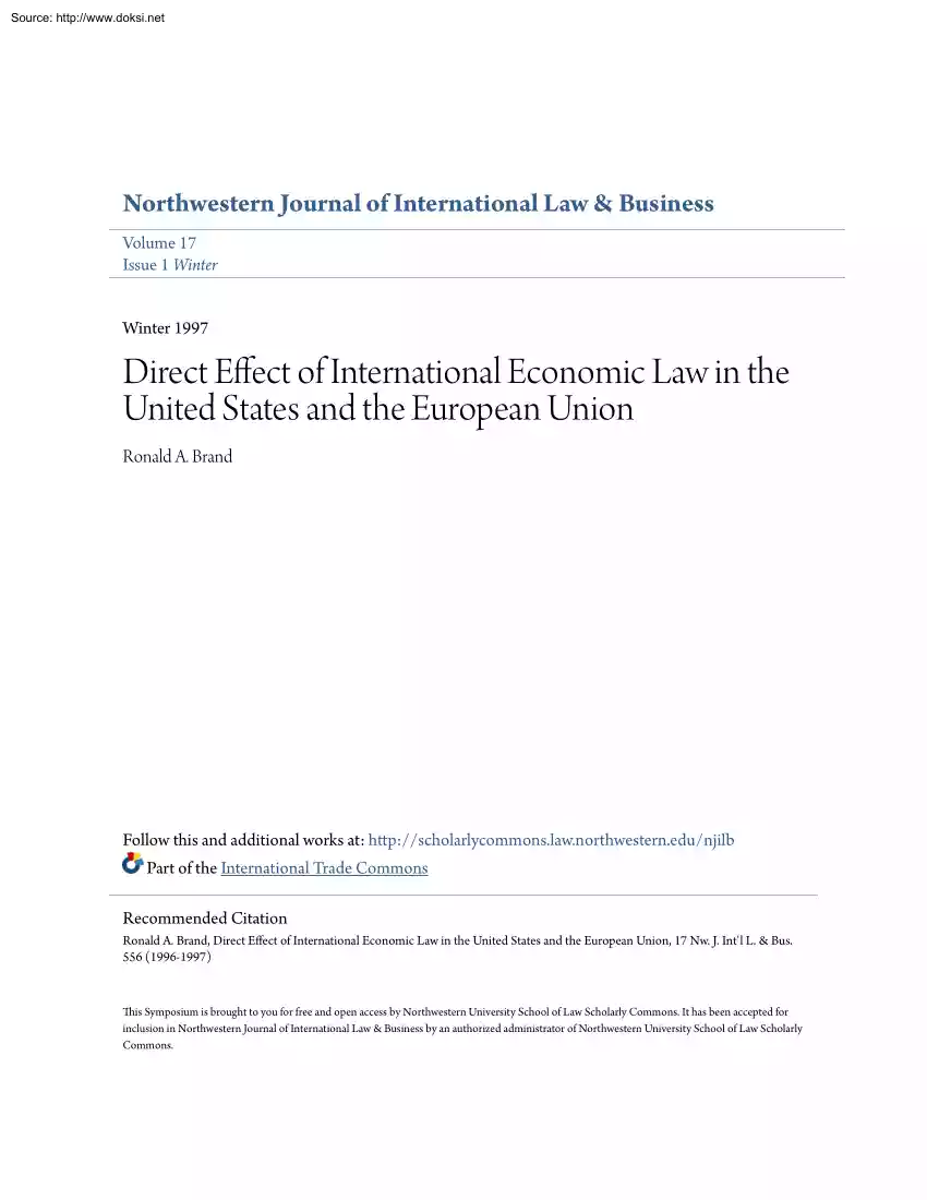 Ronald A. Brand - Direct Effect of International Economic Law in the United States and the European Union