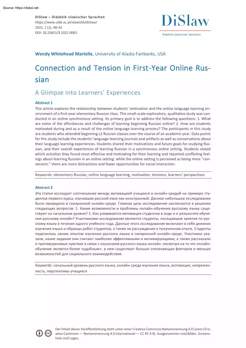 Wendy Whitehead Martelle - Connection and Tension in First-Year Online Russian
