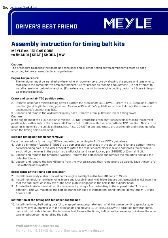Assembly Instruction for Timing Belt Kits to Fit Audi, Seat, Skoda, VW