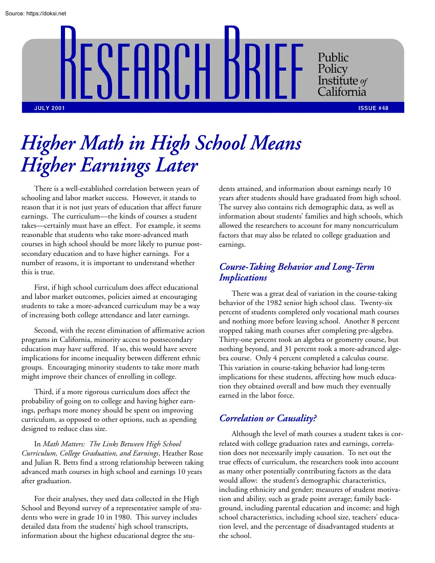 Higher Math in High School Means Higher Earnings Later