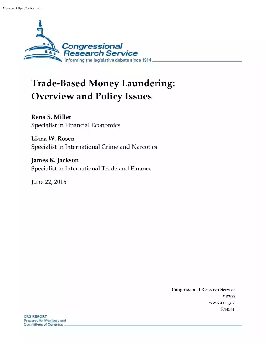Miller-Rosen-Jackson - Trade-Based Money Laundering, Overview and Policy Issues