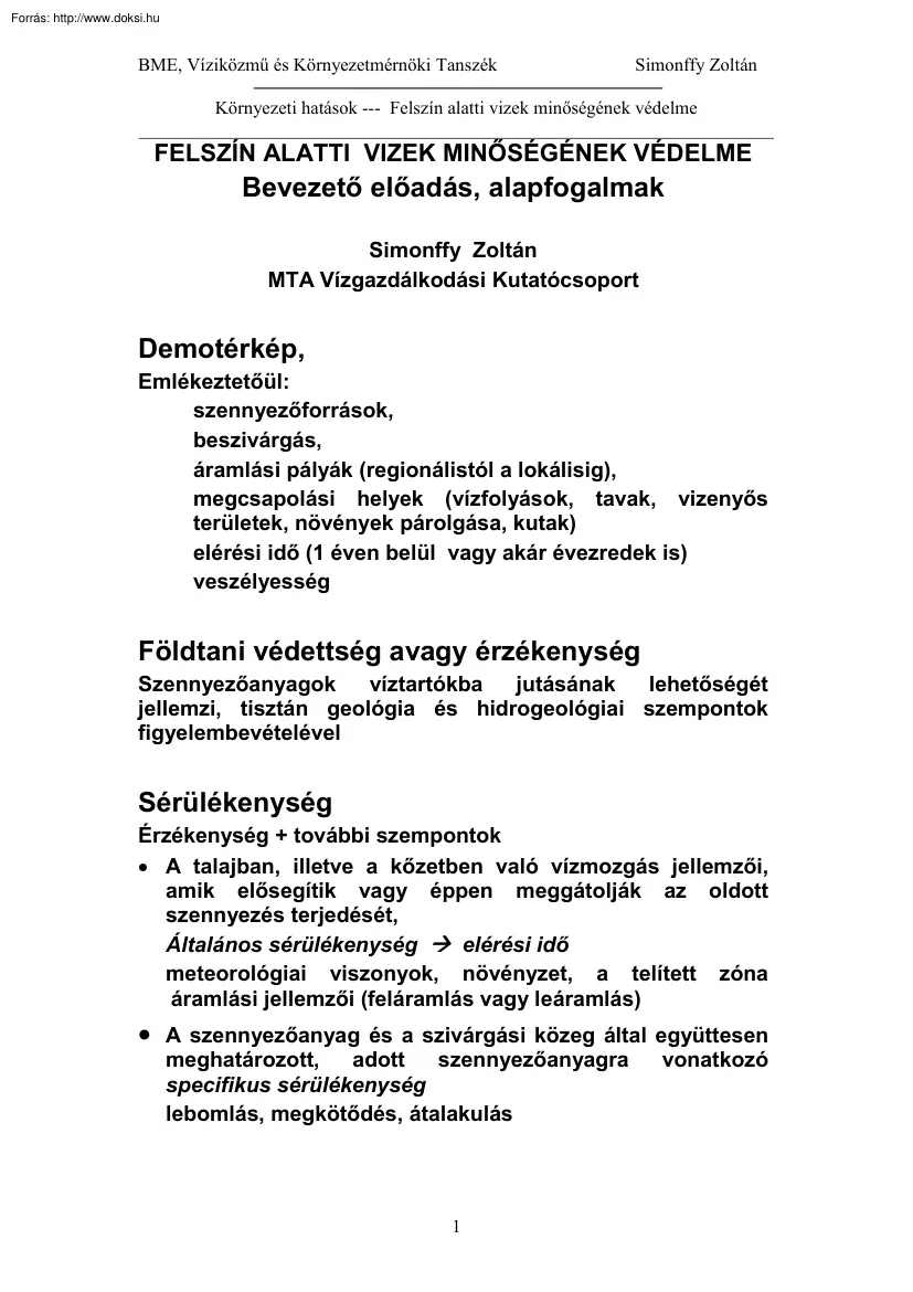 Simonffy  Zoltán - Felszín alatti vizek minőségének védelme