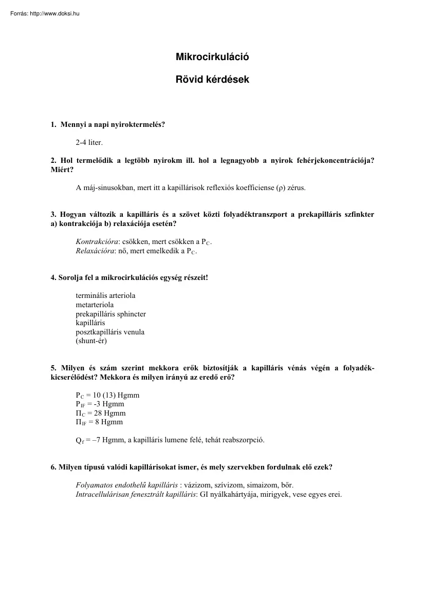 Mikrocirkuláció, rövid kérdések
