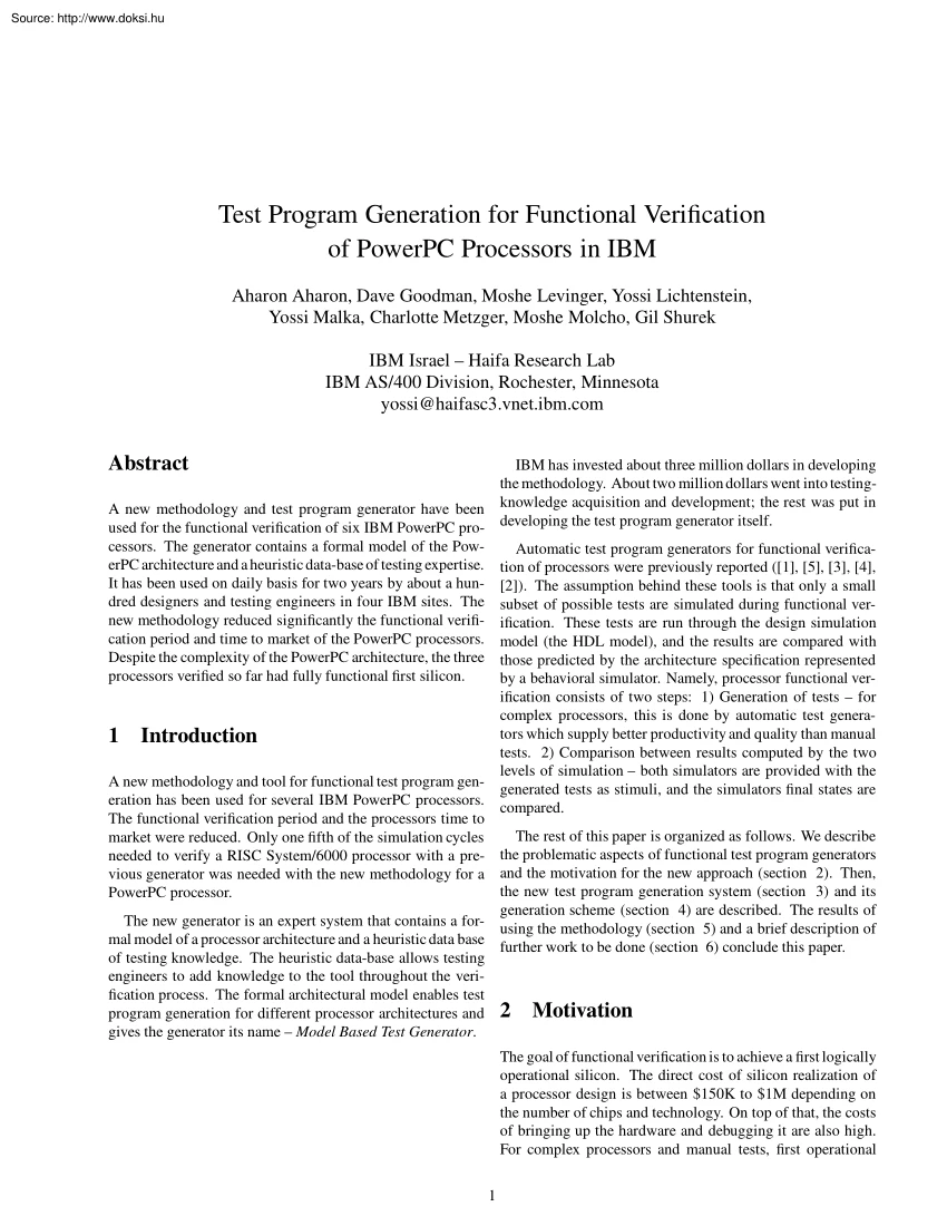 Test Program Generation for Functional Verification of PowerPC Processors in IBM
