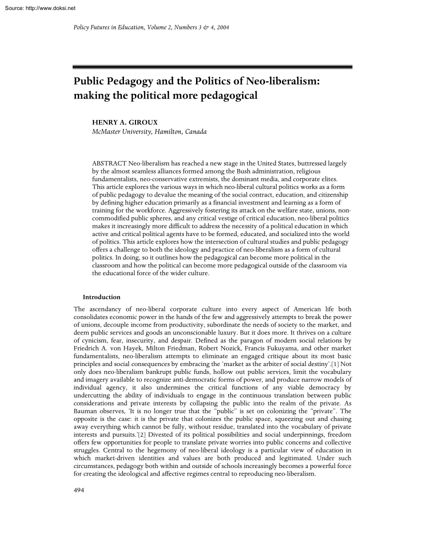 Henry A. Giroux - Public Pedagogy and the Politics of Neo Liberalism, Making the Political more Pedagogical