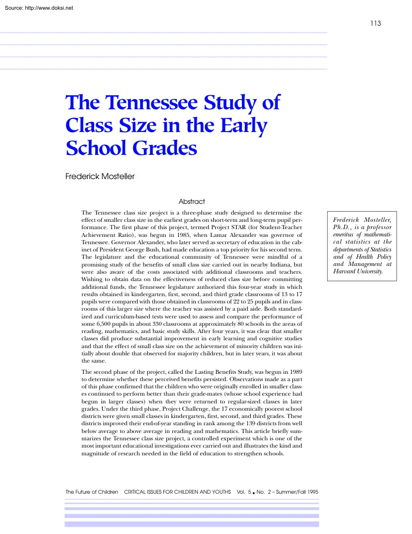 Frederick Mosteller - The Tennessee Study of Class Size in the Early School Grades