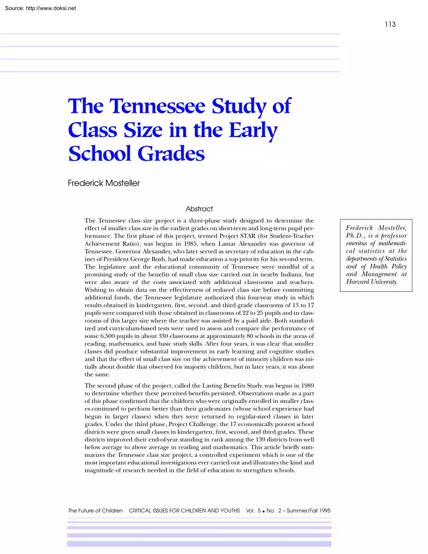 Frederick Mosteller - The Tennessee Study of Class Size in the Early School Grades