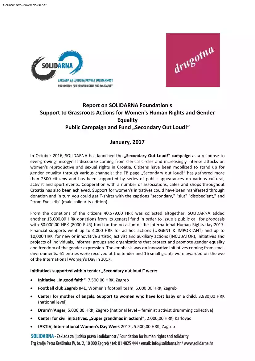 Report on SOLIDARNA Foundations Support to Grassroots Actions for Womens Human Rights and Gender Equality