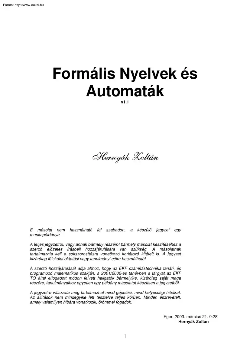 Hernyák Zoltán - Formális nyelvek és automaták