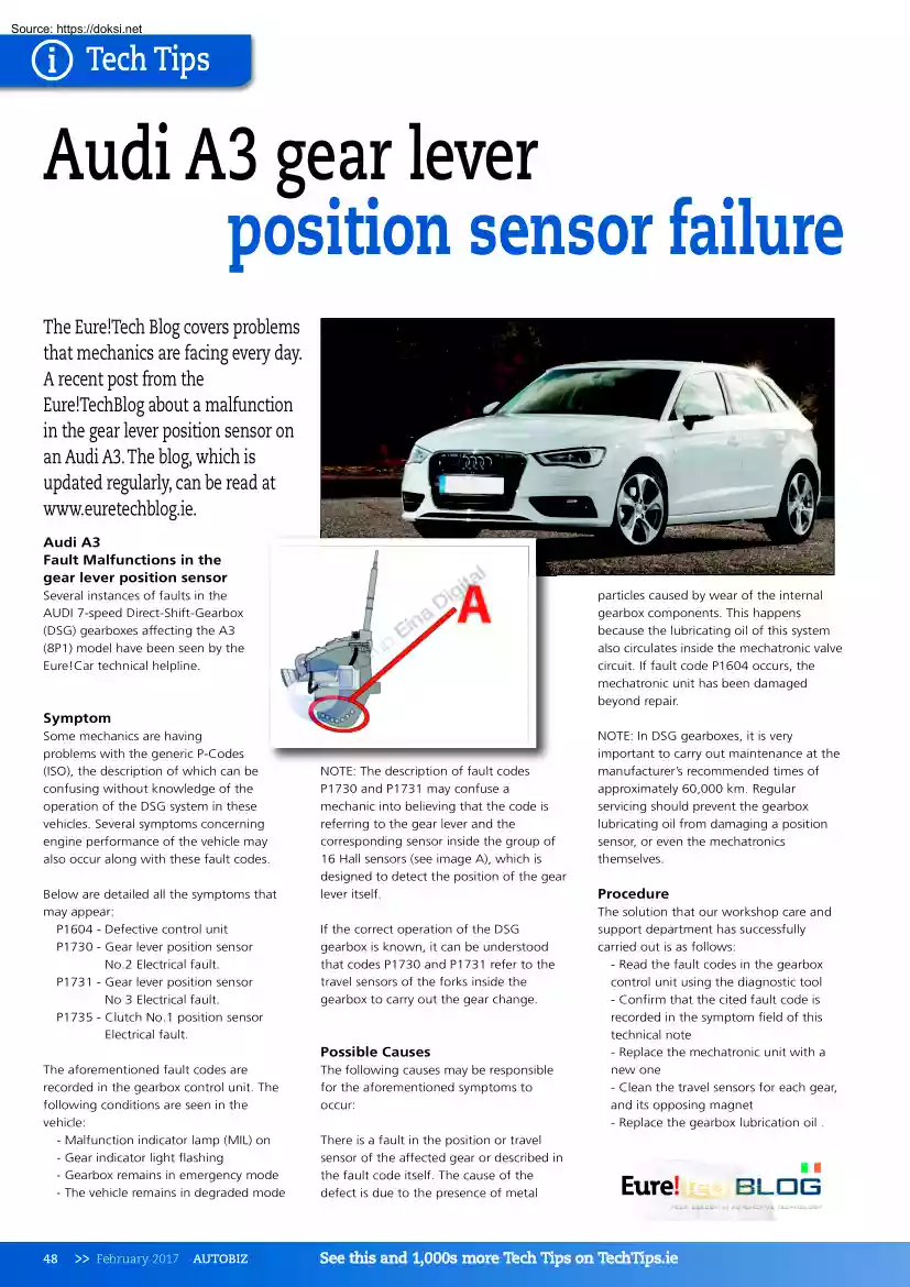 Audi A3 Gear Lever Position Sensor Failure
