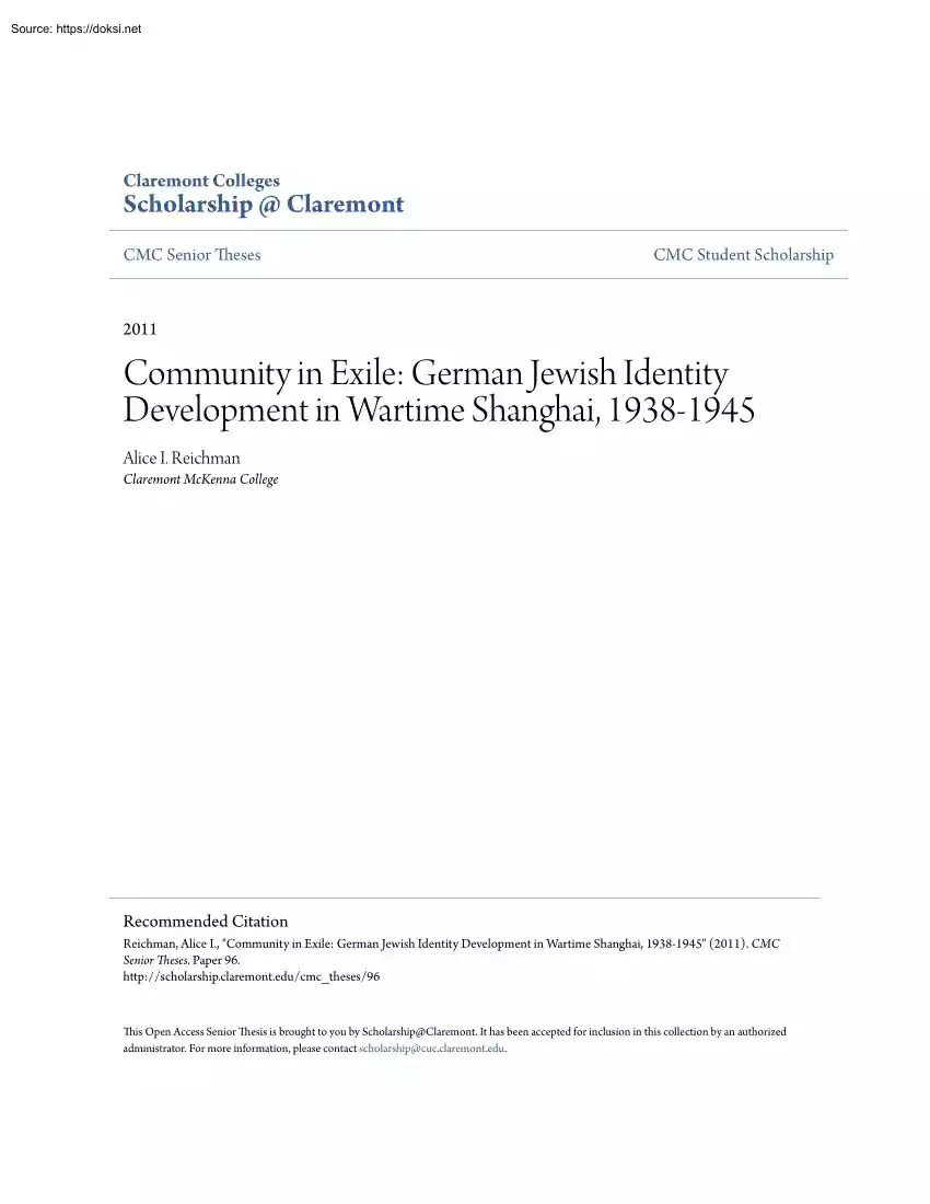 Community in Exile, German Jewish Identity Development in Wartime Shanghai, 1938-1945