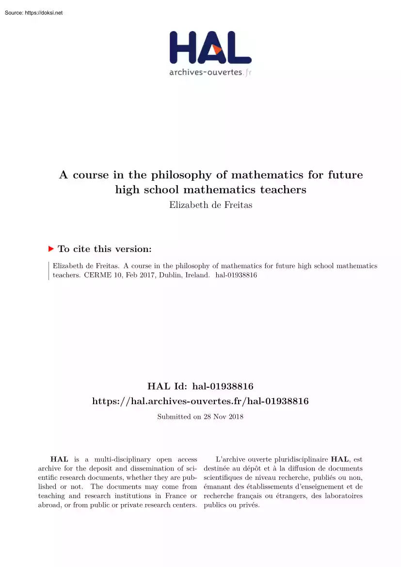Elizabeth de Freitas - A Course in the Philosophy of Mathematics for Future High School Mathematics Teachers