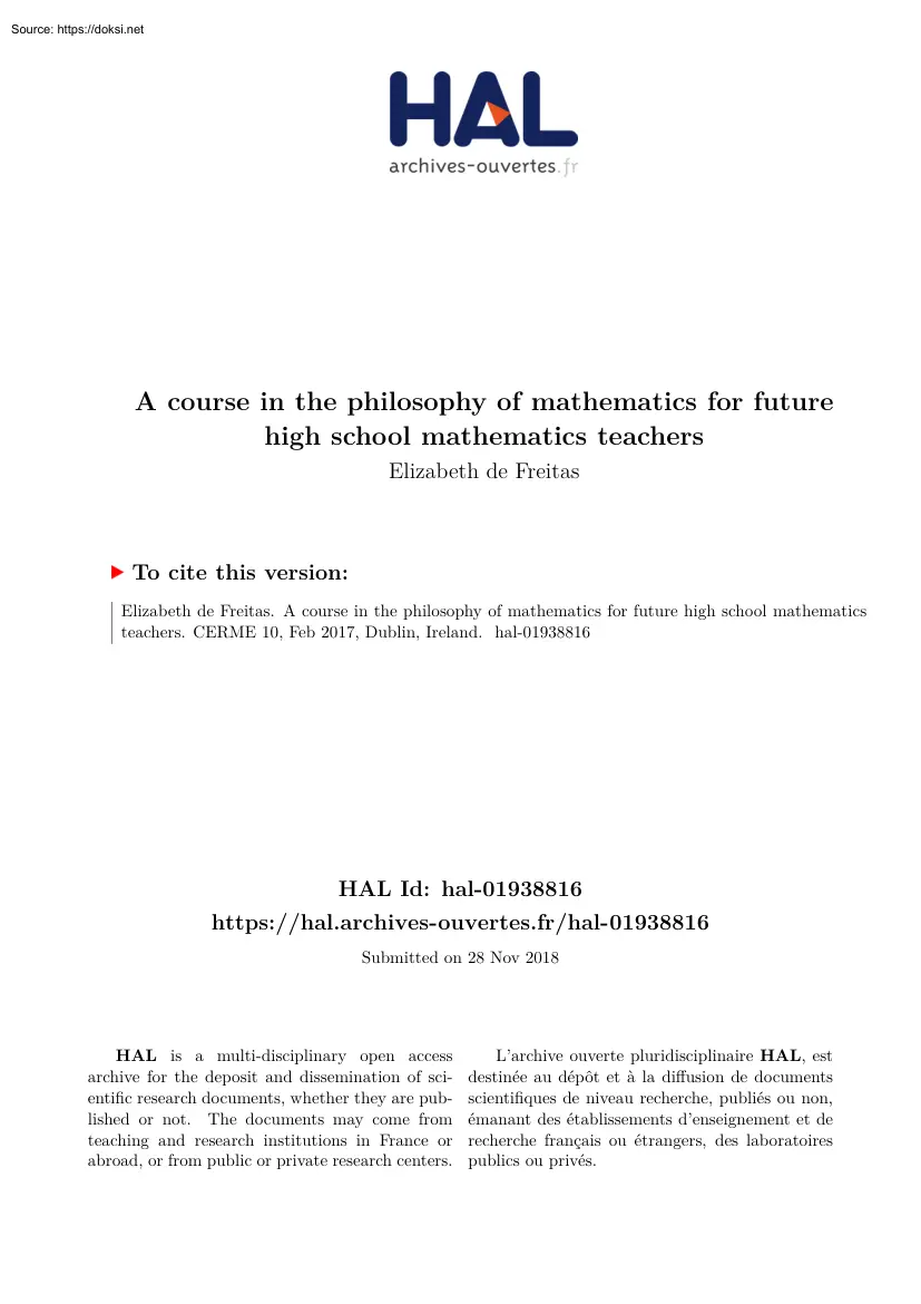 Elizabeth de Freitas - A Course in the Philosophy of Mathematics for Future High School Mathematics Teachers