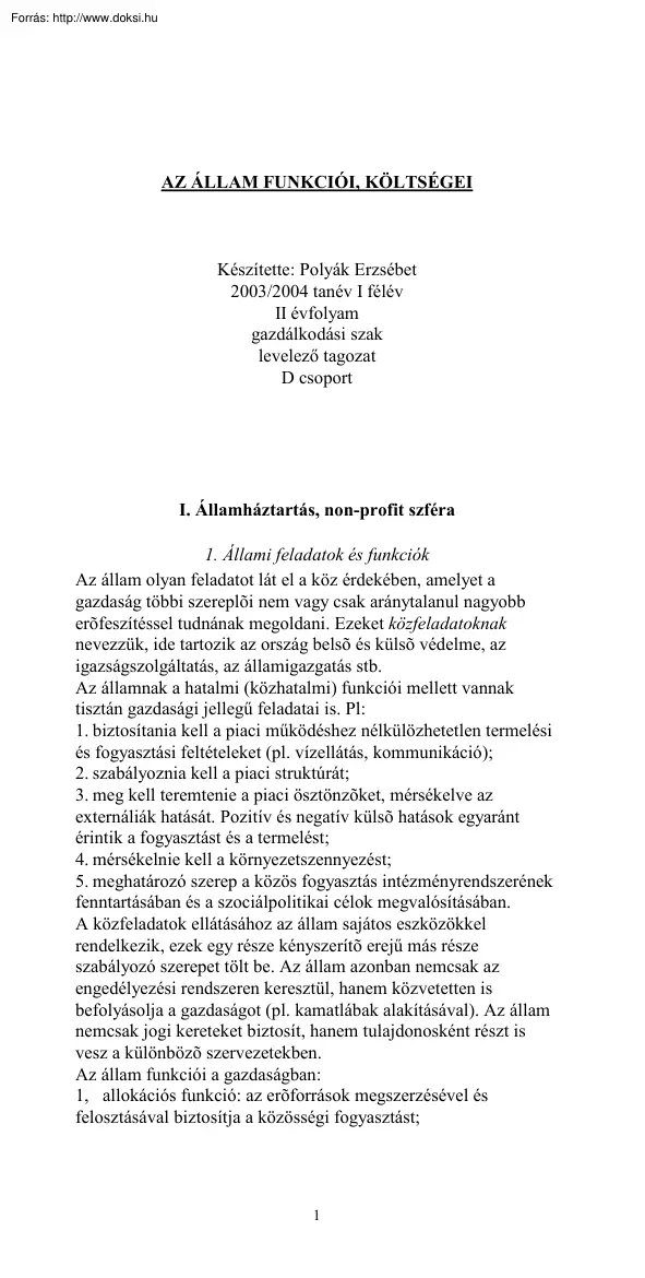Polyák Erzsébet - Az állam funkciói, költségei