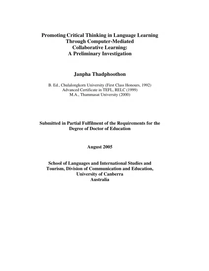 Janpha Thadphoothon - Promoting Critical Thinking in Language Learning Through Computer Mediated Collaborative Learning