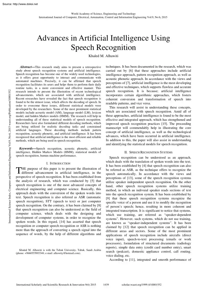 Khaled M. Alhawiti - Advances in Artificial Intelligence Using Speech Recognition