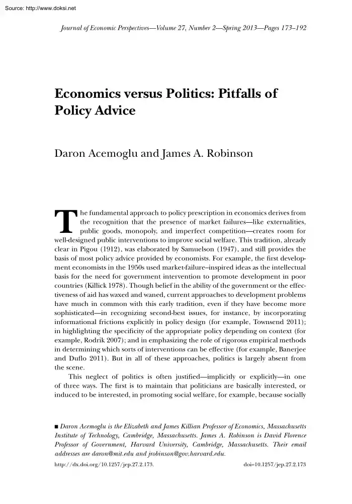 Acemoglu-Robinson - Economics versus Politics, Pitfalls of Policy Advice