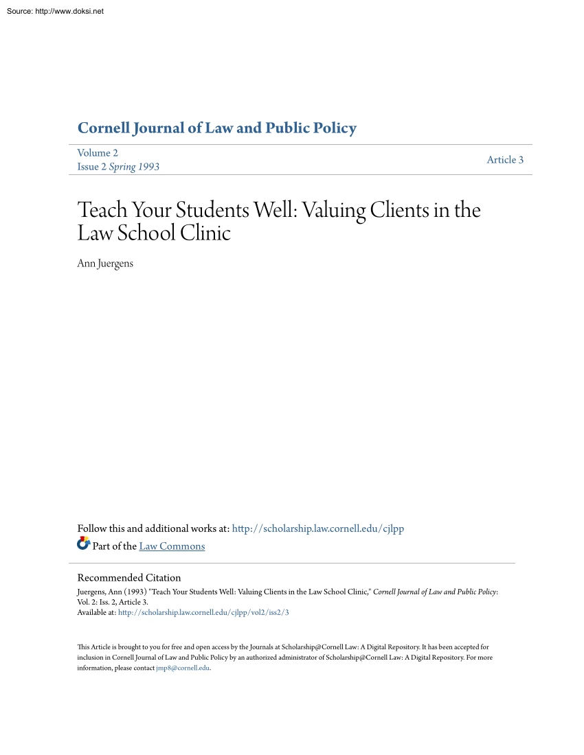 Ann Juergens - Teach Your Students Well, Valuing Clients in the Law School Clinic