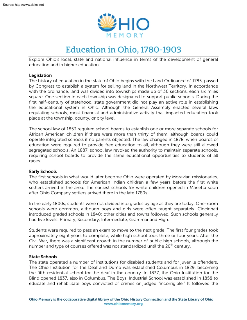 Education in Ohio, 1780 to 1903
