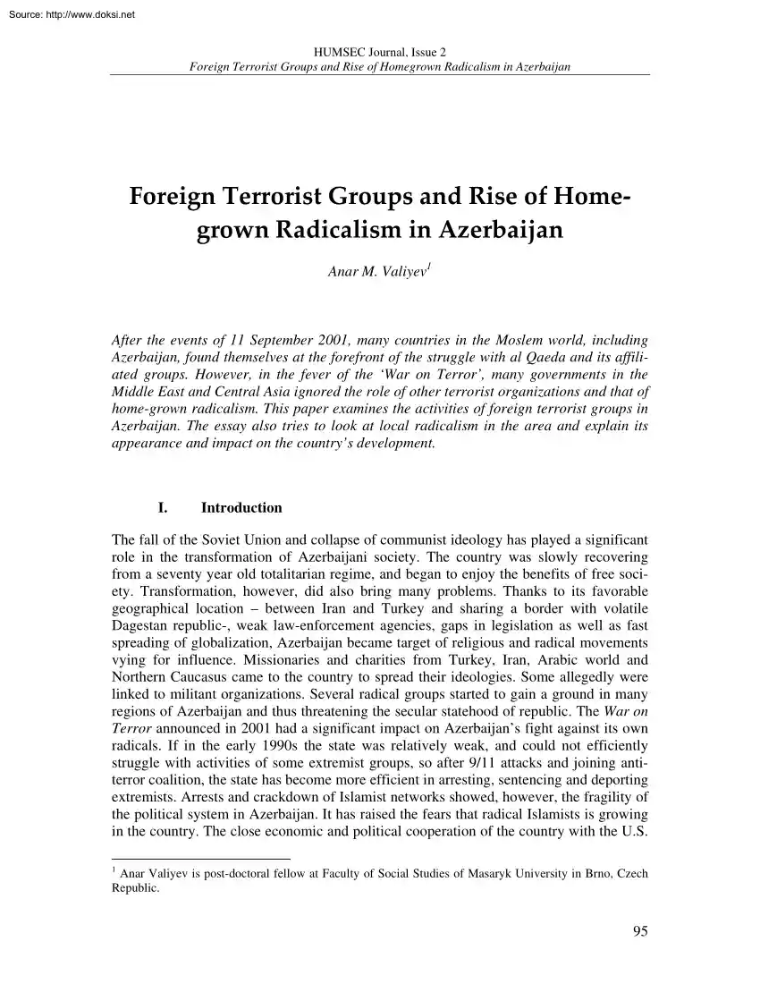 Anar M. Valiyev - Foreign Terrorist Groups and Rise of Home Grown Radicalism in Azerbaijan