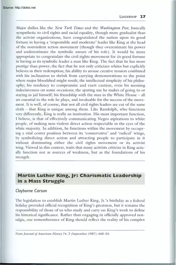 Martin Luther King - Charismatic Leadership in a Mass Struggle