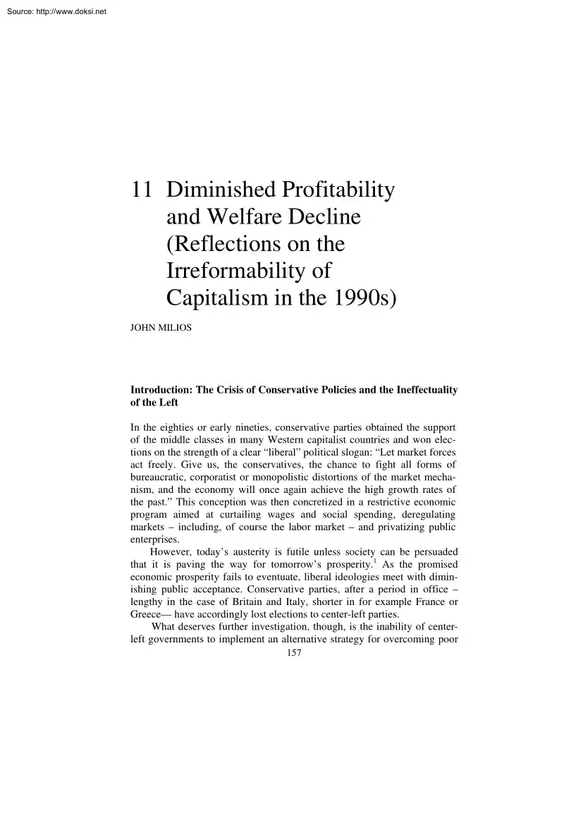 John Milios - Diminished Profitability and Welfare Decline, Reflections on the Irreformability of Capitalism in the 1990s