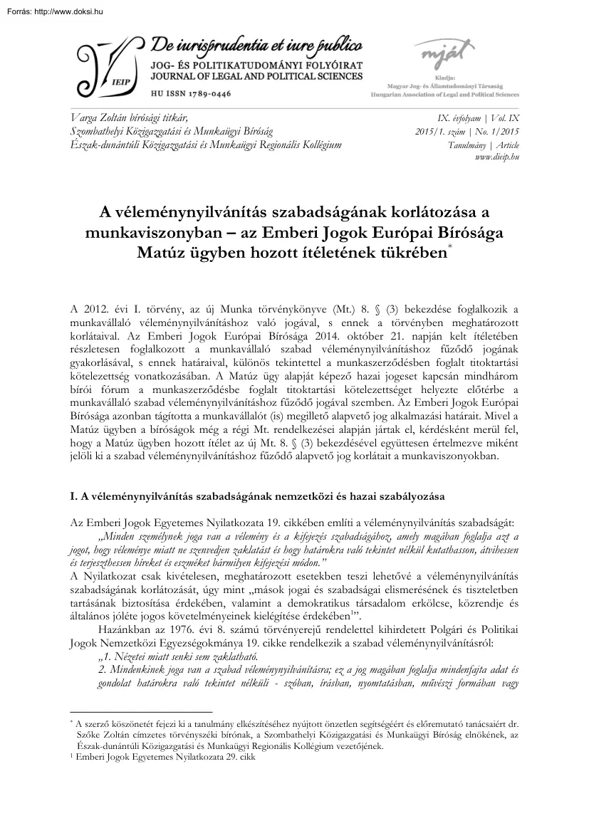 Varga Zoltán - A véleménynyilvánítás szabadságának korlátozása a munkaviszonyban, az