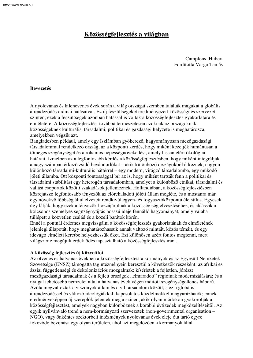 Hubert Campfens - Közösségfejlesztés a világban