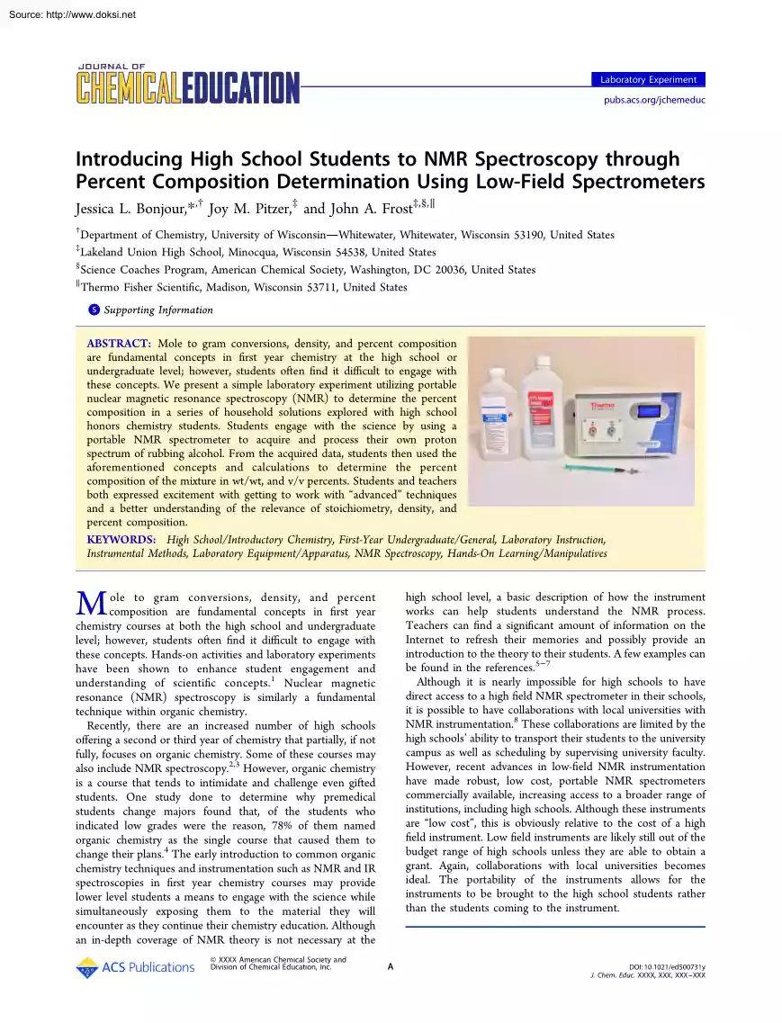 Bonjour-Pitzer-Frost - Introducing High School Students to NMR Spectroscopy through Percent Composition Determination Using Low Field Spectrometers