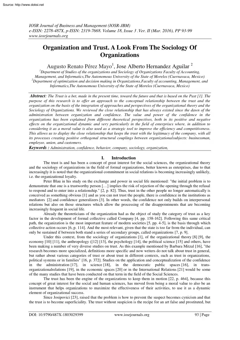 Mayo-Aguilar - Organization and Trust, A Look From The Sociology Of Organizations