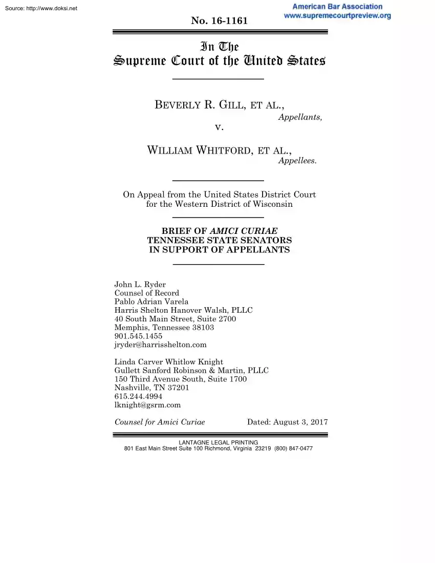 Gill-Whitford - Brief of Amici Curiae Tennessee State Sentators in Support of Appellants