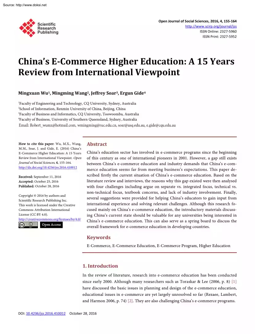 Chinas E-Commerce Higher Education, A 15 Years Review from International Viewpoint