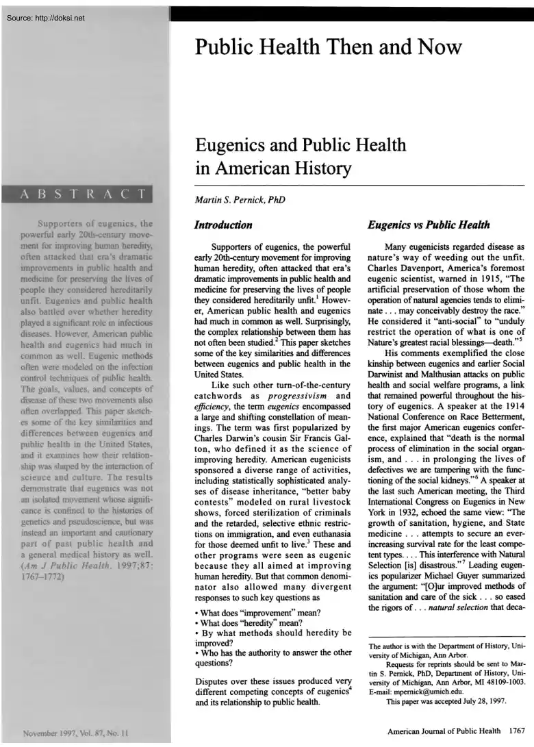 Martin S. Pernick - Public Health Then and Now, Eugenics and Public Health in American History