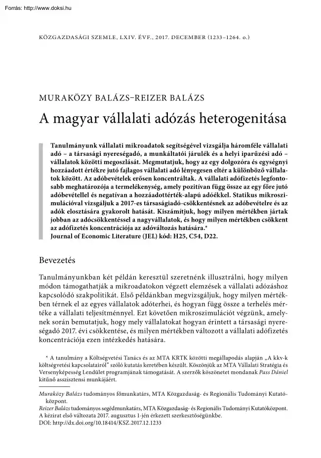 Muraközy-Reizer - A magyar vállalati adózás heterogenitása