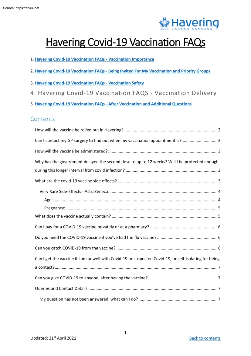Havering Covid19 Vaccination FAQs