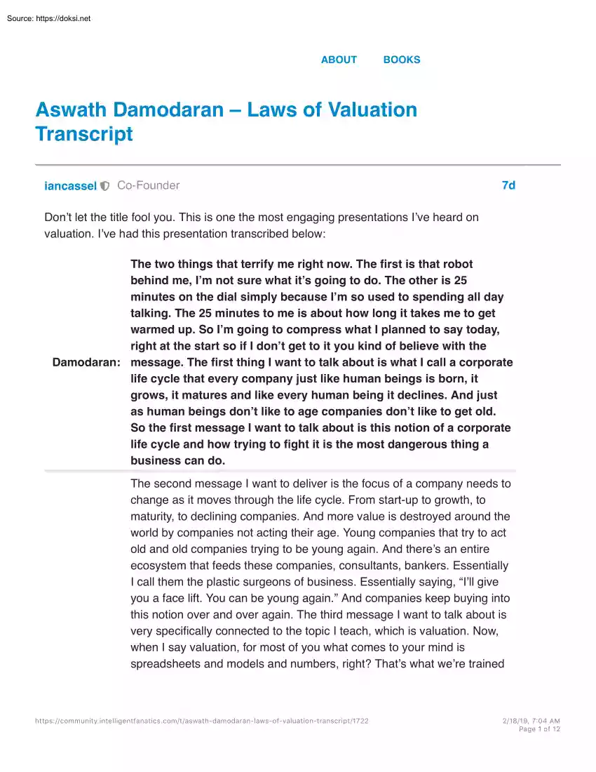 Aswath Damodaran - Laws of valuation, transcript