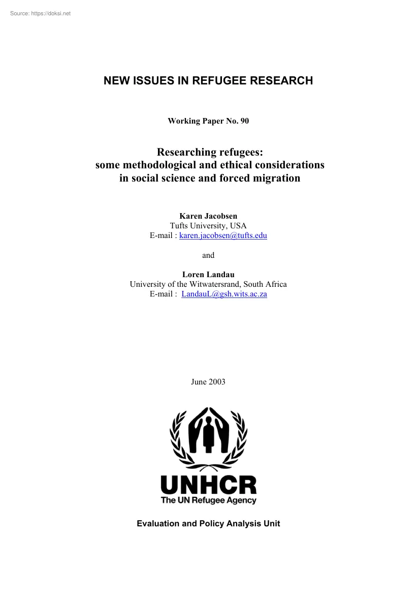 Karen Jacobsen - Researching refugees, some methodological and ethical considerations in social
