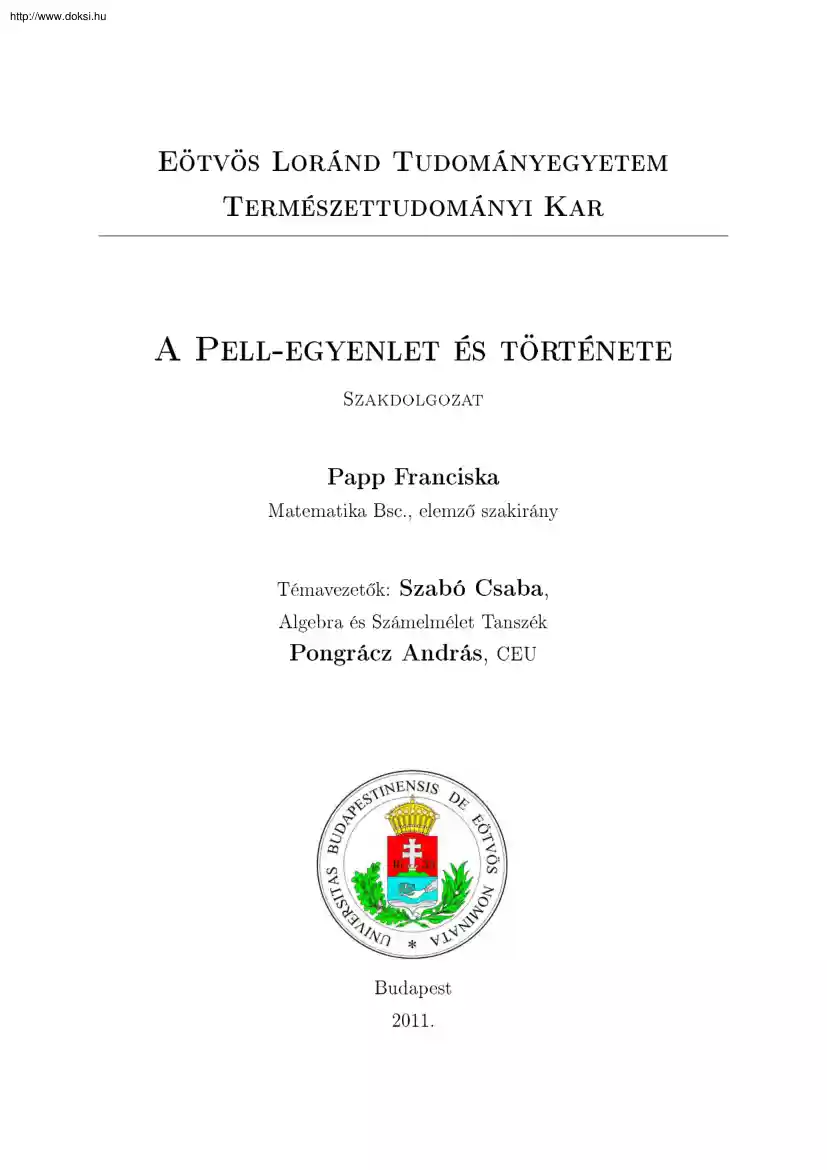 Papp Franciska - A Pell-egyenlet és története