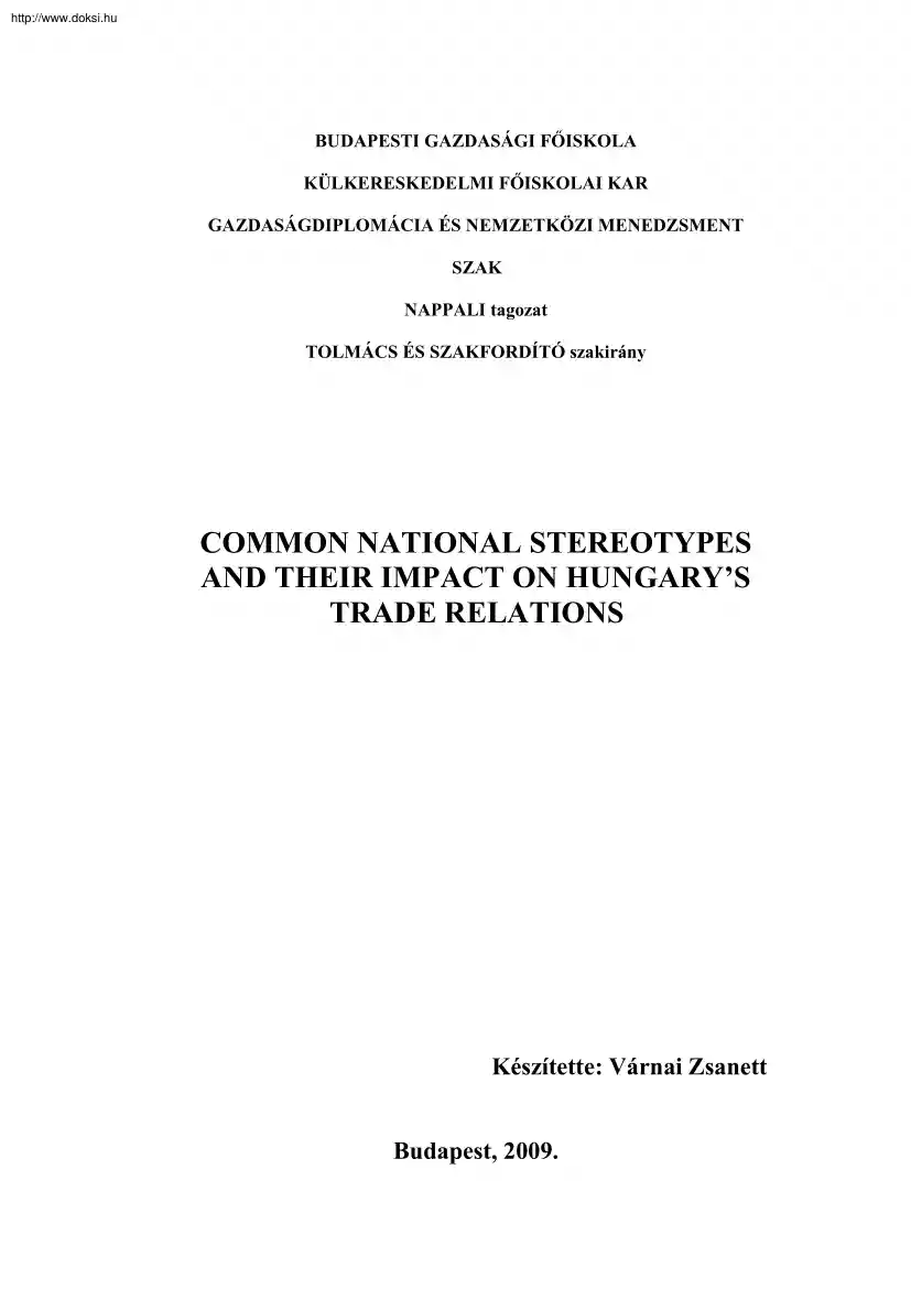 Várnai Zsanett - Common national stereotypes and their impact on Hungarys trade relations