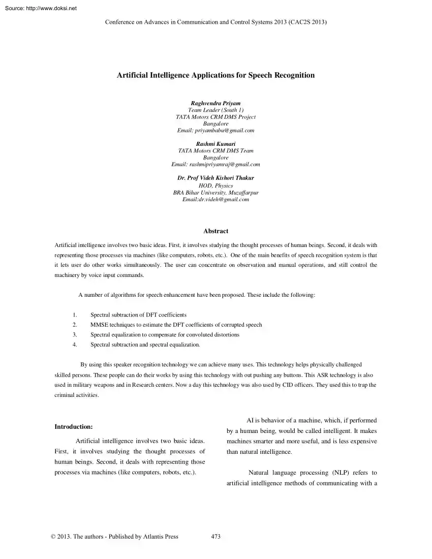 Priyam-Kumari-Kishori - Artificial Intelligence Applications for Speech Recognition