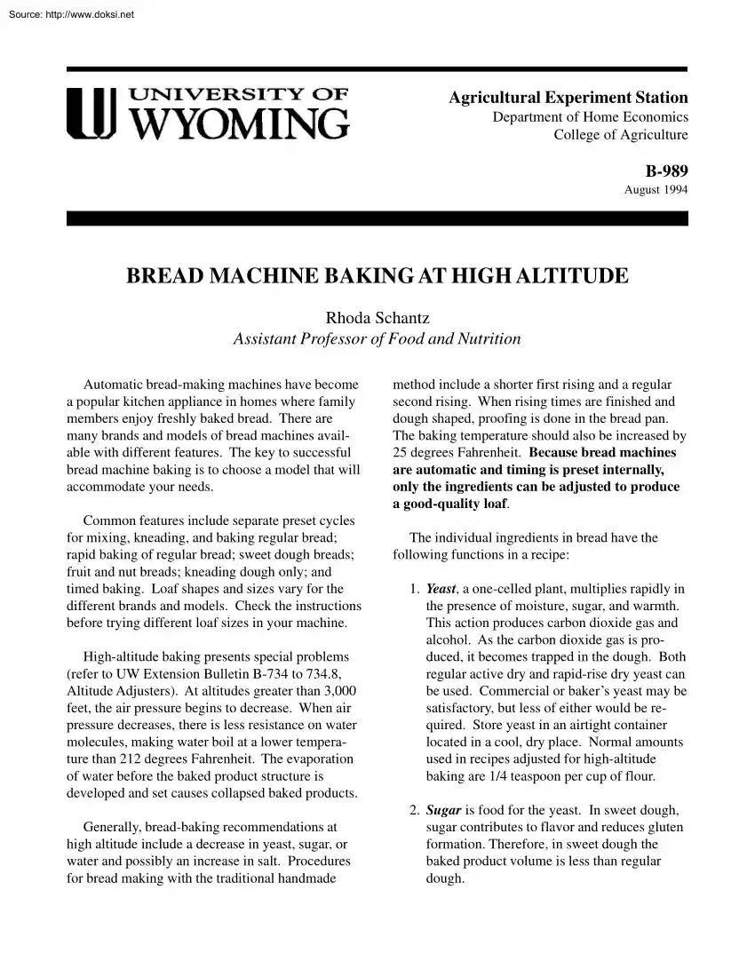 Rhoda Schantz - US Product Ingredient Guide, Bread Machine Baking at High Altitude