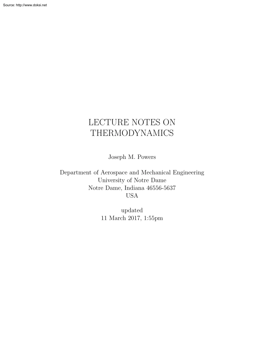 Joseph M. Powers - Lecture Notes on Thermodynamics