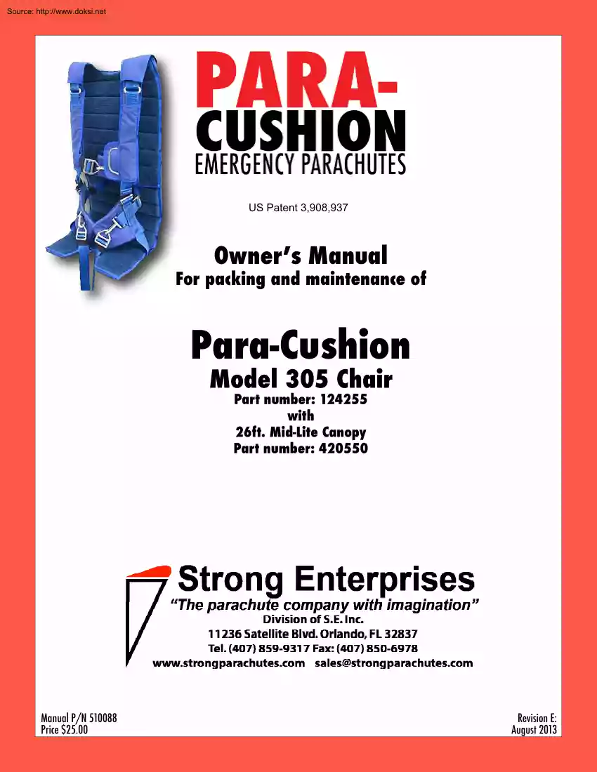 Emergency Parachutes Owner Manual for Packing and Maintenance of Para Cushion Model 305 Chair