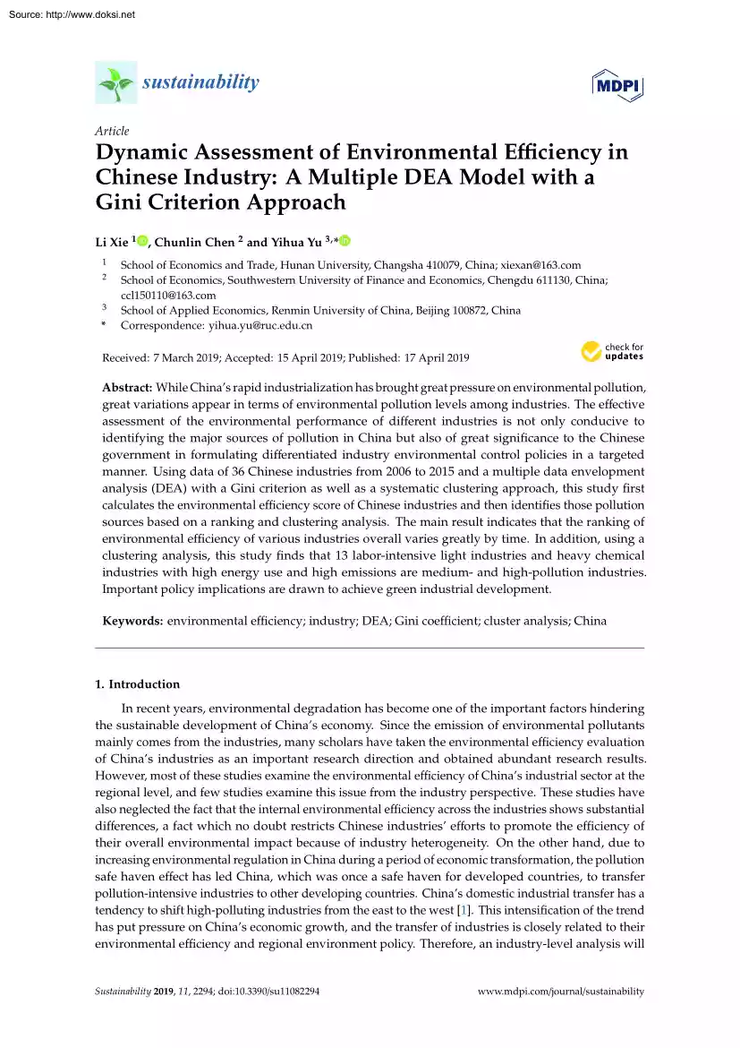 Dynamic Assessment of Environmental Efficiency in Chinese Industry, a Multiple DEA model with a Gini Criterion Approach