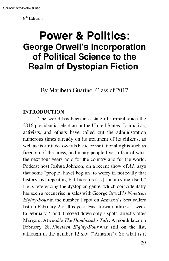 Maribeth Guarino - Power and Politics, George Orwells Incorporation of Political Science to the Realm of Dystopian Fiction