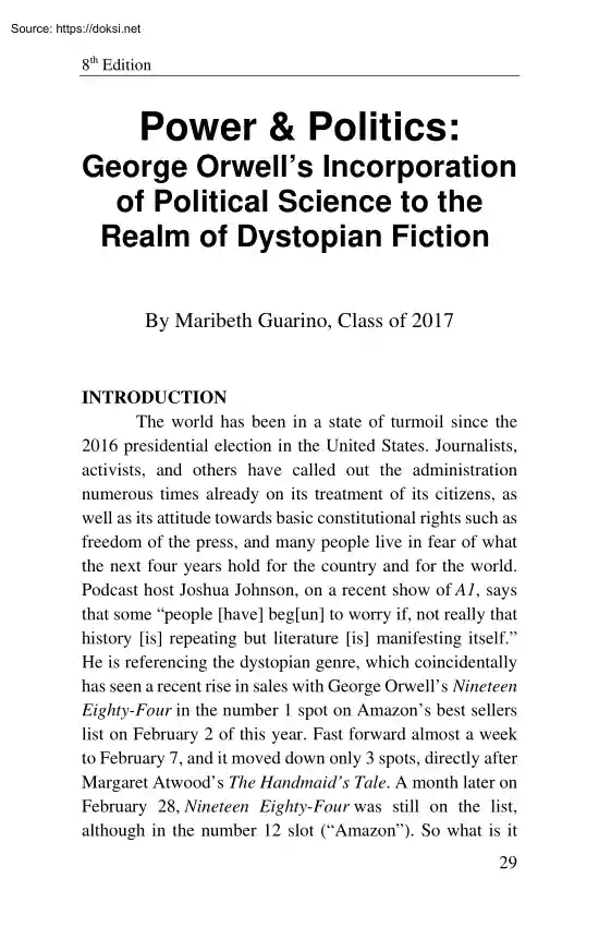 Maribeth Guarino - Power and Politics, George Orwells Incorporation of Political Science to the Realm of Dystopian Fiction