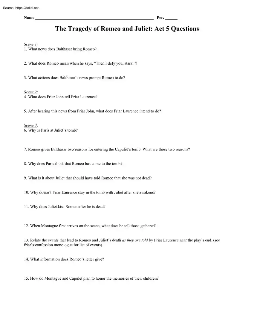 The Tragedy of Romeo and Juliet, Act 5 Questions