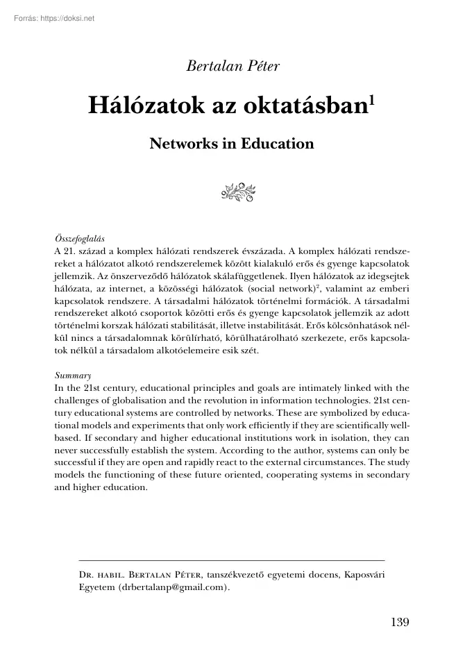 Bertalan Péter - Hálózatok az oktatásban