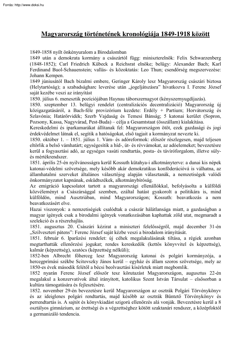 Magyarország történetének kronológiája 1849-1918 között