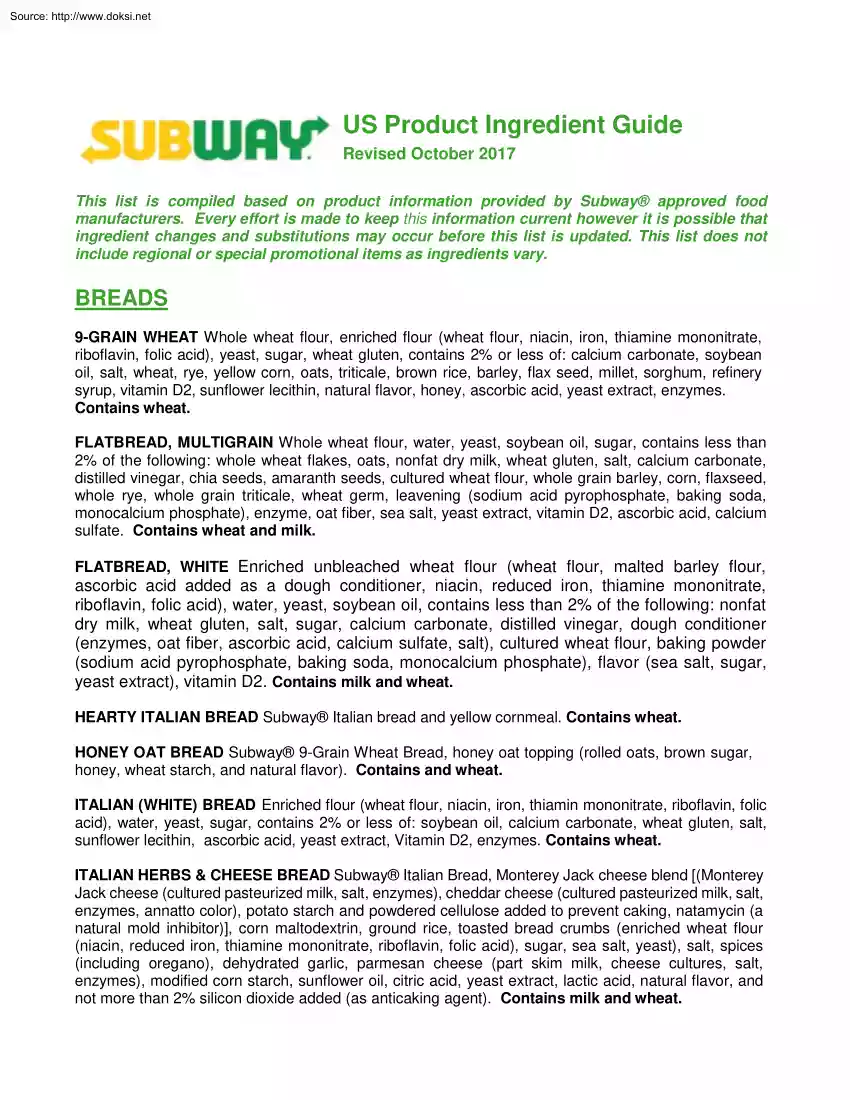 US Product Ingredient Guide, Subway